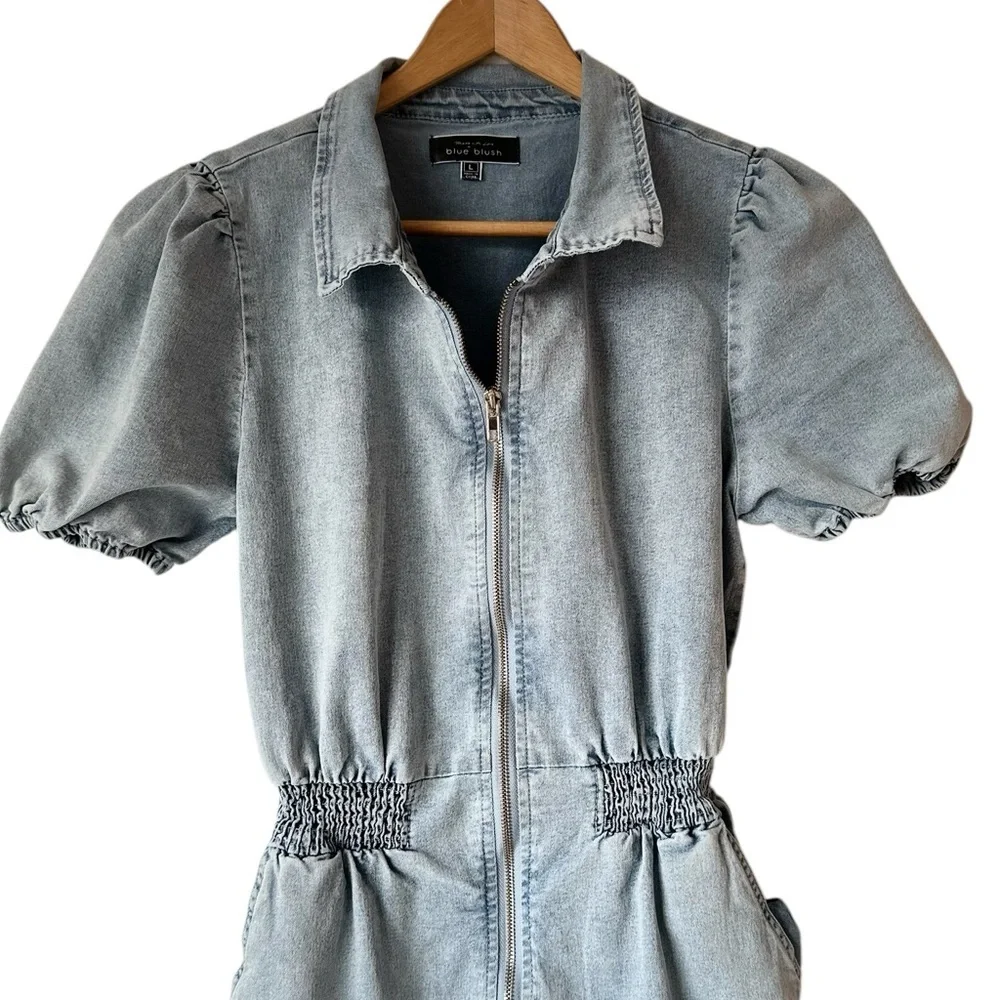 Blue Blush Cotton Blend Faux Denim Balloon Sleeve Dress - Picture 3 of 16